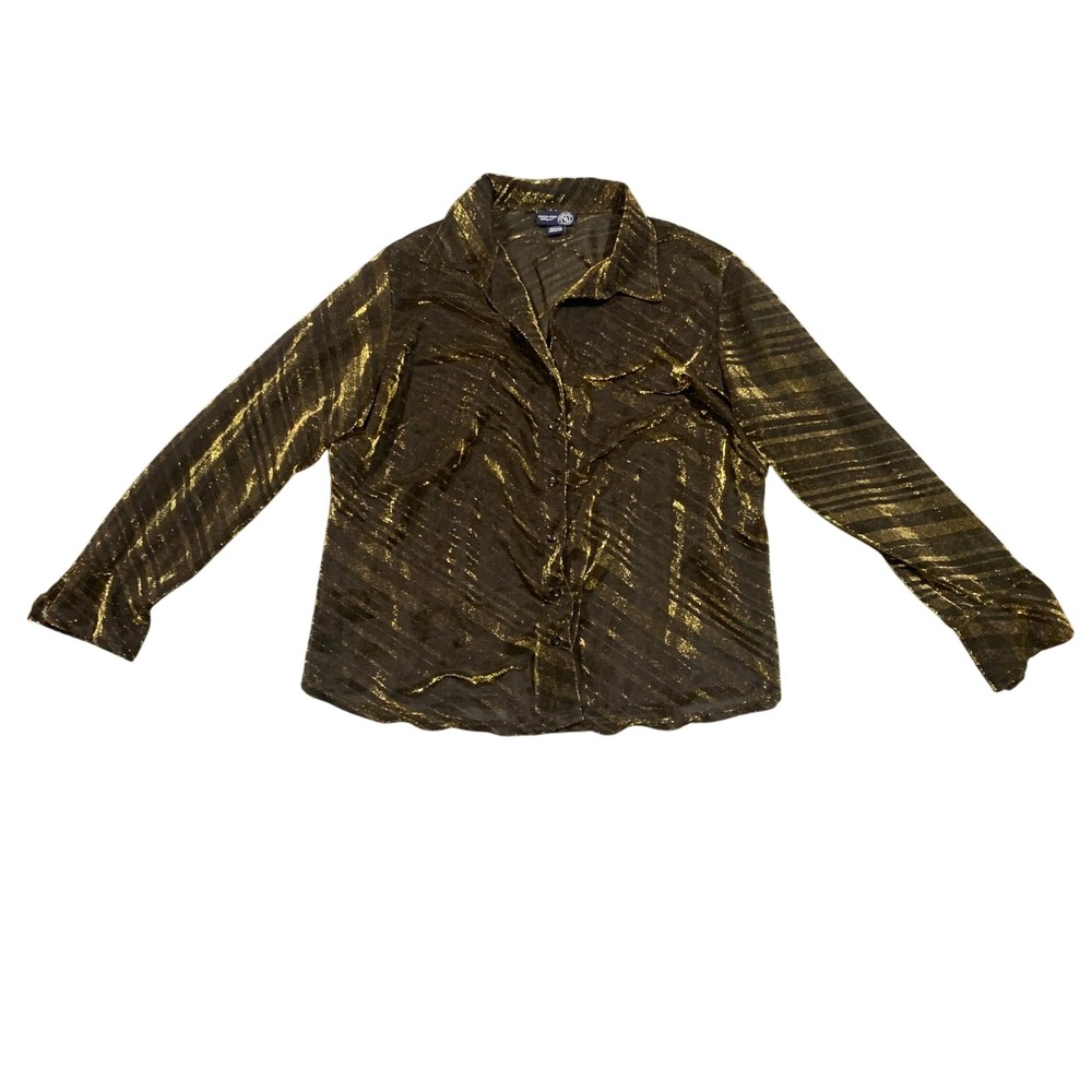 Venezia Jeans Gold Metallic Striped Sheer Button Up Blouse Plus Size 18/20 USA